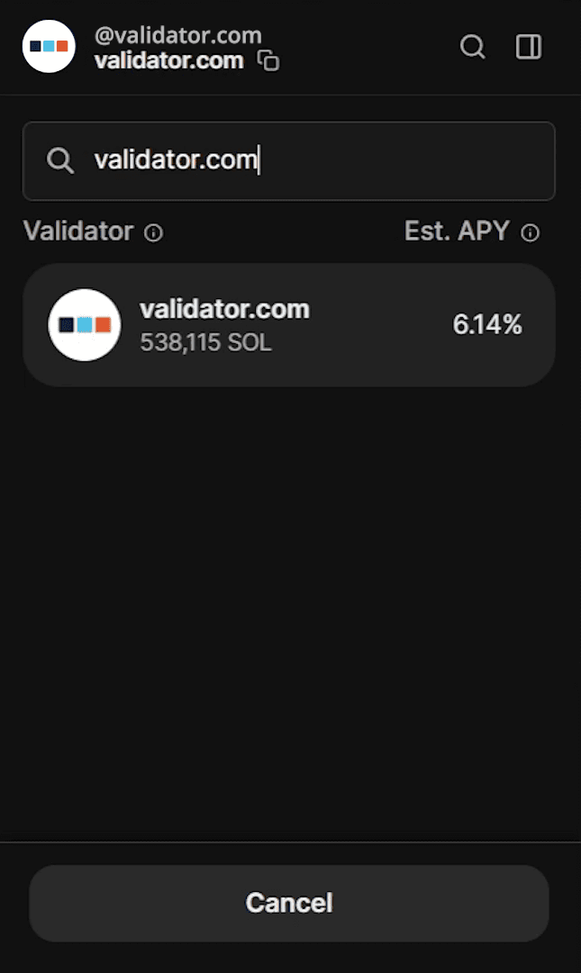 Staking interface showing validator.com with 889,067 SOL and 6.95% APY